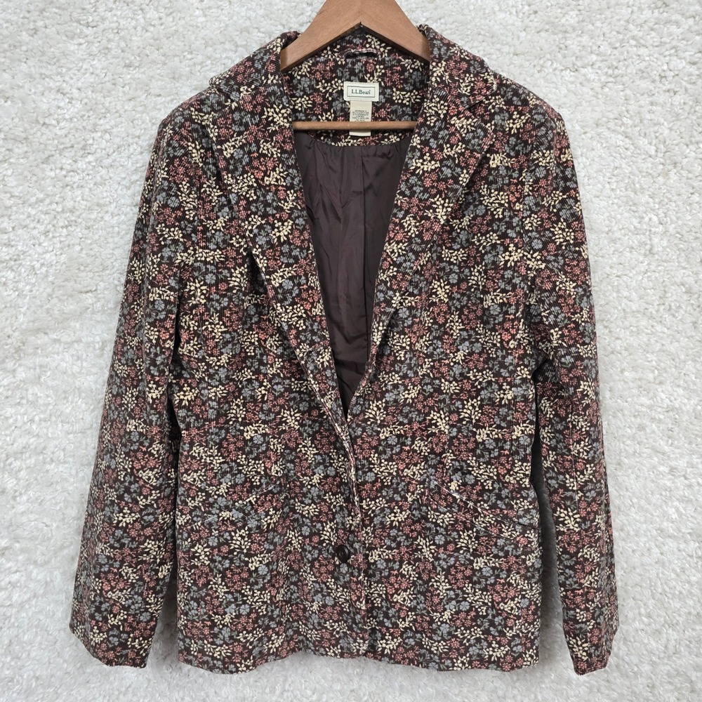 L.L.Bean‎ Womens Corduroy Floral Blazer Jacket Brown Pink Blue Size 10 Regular